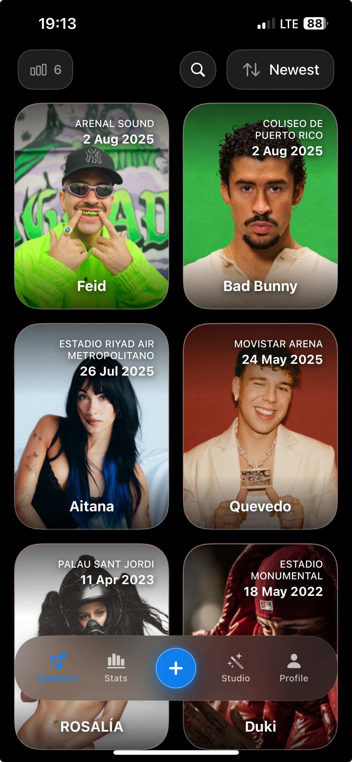 Encore app mostrando conciertos de Feid en Arenal Sound, Bad Bunny en Coliseo de Puerto Rico, Aitana en Estadio Metropolitano, Quevedo en Movistar Arena, Rosalía en Palau Sant Jordi y Duki en Estadio Monumental