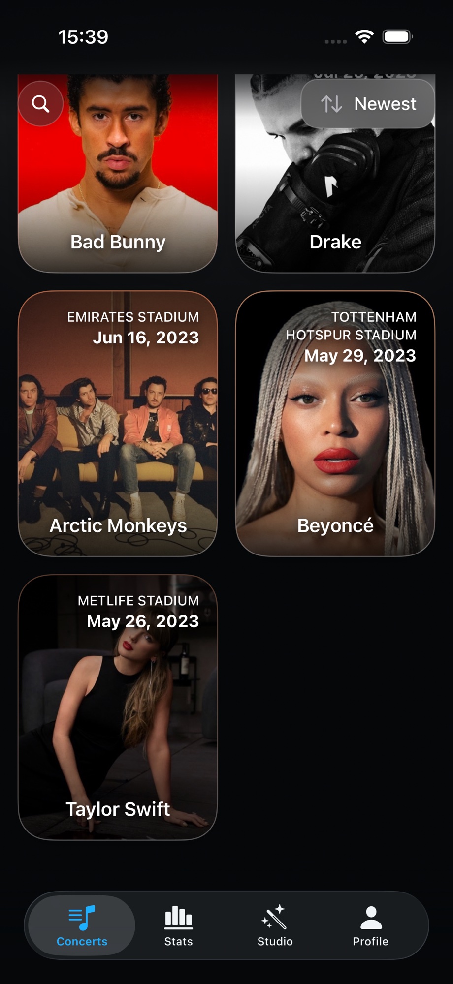 App de Encore con la cuadrícula de conciertos y fotos de artistas